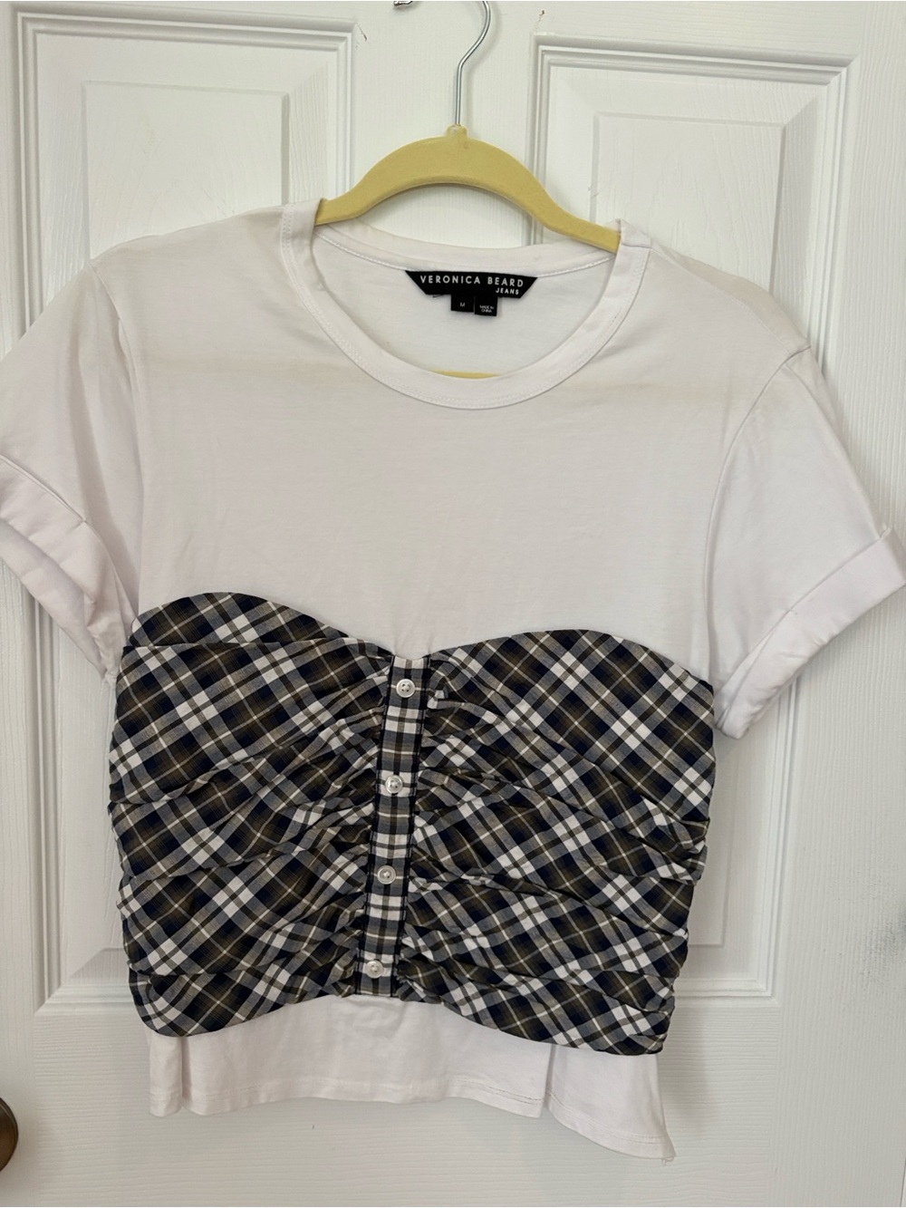 Veronica Beard White Tee with Black and Gray Plaid Bustier Overlay